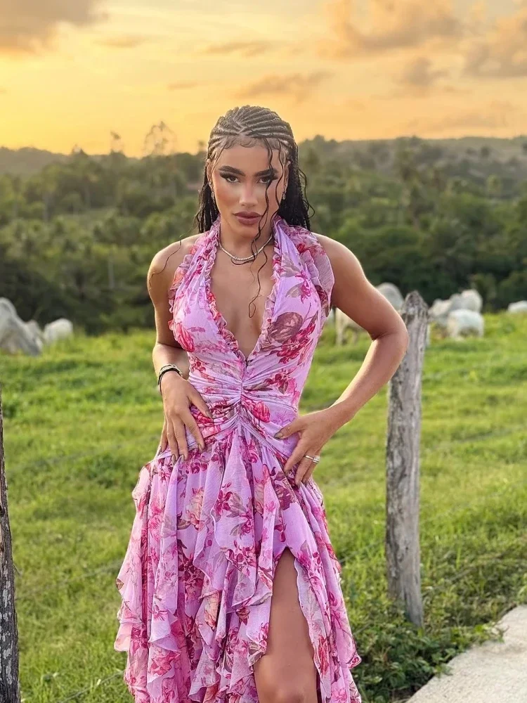 Summer Sexy Halter Neck Ruffles Floral Printed Long Dress Women Sleeveless Backless Side Split Slim Dresses Evening Beach Party
Summer Sexy Halter Neck Ruffles Floral Printed Long Dress Women Sleeveless Backless Side Split Slim Dresses Evening Beach Party