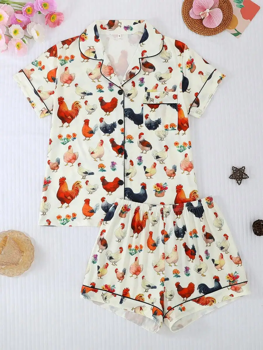 2pcs Women Short Sleeve Pajama Set With Chicken Print Lapel Top And Elastic Waist Shorts
2pcs Women Short Sleeve Pajama Set With Chicken Print Lapel Top And Elastic Waist Shorts