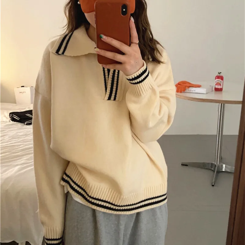 Women's Sweater Autumn Winter Turn-Down Collar Long Sleeve Loose Knitted Pullover Female Casual Knitwear Tops
Women's Sweater Autumn Winter Turn-Down Collar Long Sleeve Loose Knitted Pullover Female Casual Knitwear Tops