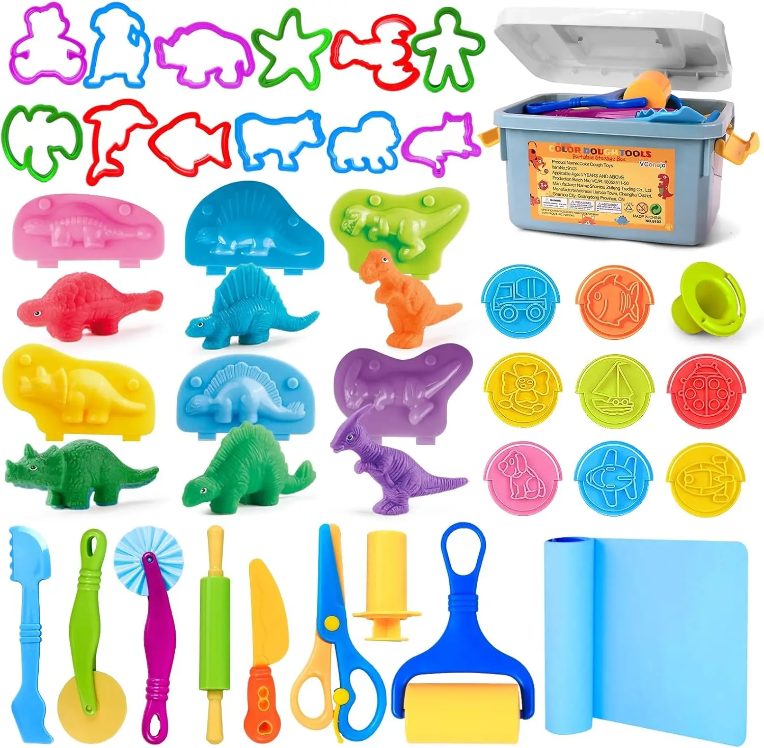 37-Piece Dough Play Set with Storage Box, Mat, Cutters, Rolling Pins, Scissors, Stamps, Animal & Dino Makers
37-Piece Dough Play Set with Storage Box, Mat, Cutters, Rolling Pins, Scissors, Stamps, Animal & Dino Makers