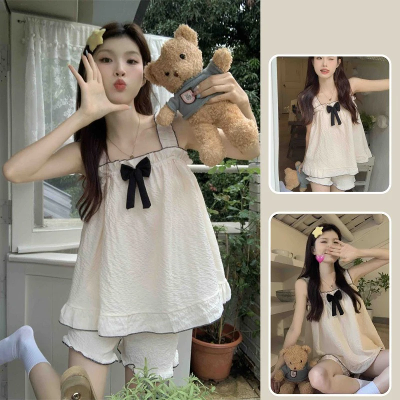 Bow Sleepwear Women Pajama Sets Korean Piiama Slash Neck Night Wears Shorts Sets 2 Pieces Summer Sleeveless Ruffles Home Suit
Bow Sleepwear Women Pajama Sets Korean Piiama Slash Neck Night Wears Shorts Sets 2 Pieces Summer Sleeveless Ruffles Home Suit