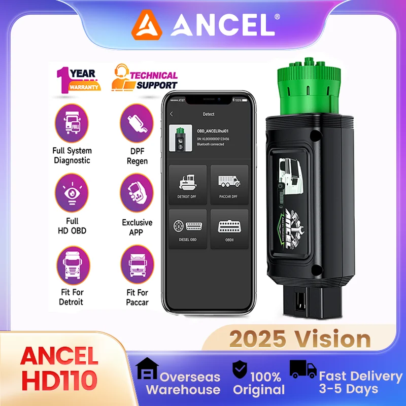 ANCEL HD110 Bluetooth дизельный сверхмощный сканер грузовиков для всех систем DPF Regen для диагностического сканирования Detroit Paccar, 9/12-контактный 
ANCEL HD110 Bluetooth дизельный сверхмощный сканер грузовиков для всех систем DPF Regen для диагностического сканирования Detroit Paccar, 9/12-контактный