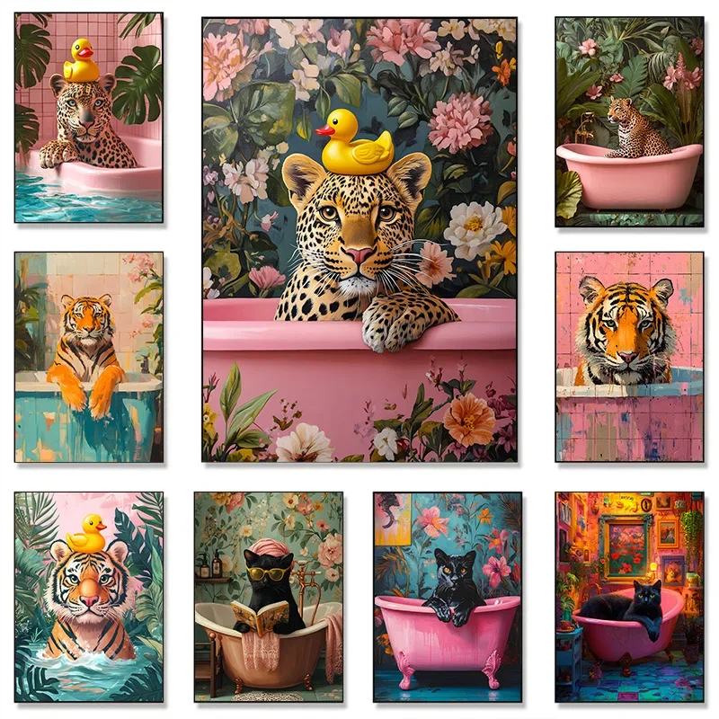 Colorful Mural Canvas Painting, Tiger, Cheetah, Black Cat in Bathtub, Abstract Pink Animal Painting, Printed Poster, Living Room
Colorful Mural Canvas Painting, Tiger, Cheetah, Black Cat in Bathtub, Abstract Pink Animal Painting, Printed Poster, Living Room