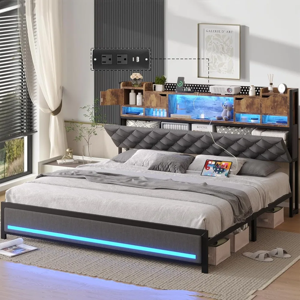 Bed Frame with Upholstered Headboard, Bed Frame Size with Hidden Storage,3-Tier Storage Shelves, LED Lights and Char
Bed Frame with Upholstered Headboard, Bed Frame Size with Hidden Storage,3-Tier Storage Shelves, LED Lights and Char