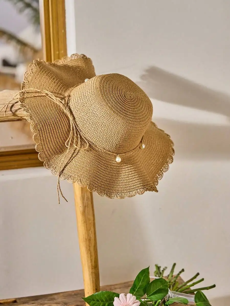 Womens Khaki Wave Beach Sun Hat With Faux Pearl And Bow Detail
Womens Khaki Wave Beach Sun Hat With Faux Pearl And Bow Detail