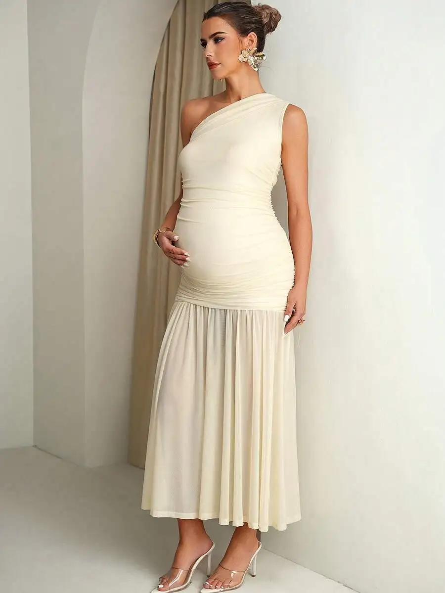 Elegant One Shoulder Maternity Dress Apricot Solid Color High Elasticity Summer
Elegant One Shoulder Maternity Dress Apricot Solid Color High Elasticity Summer
