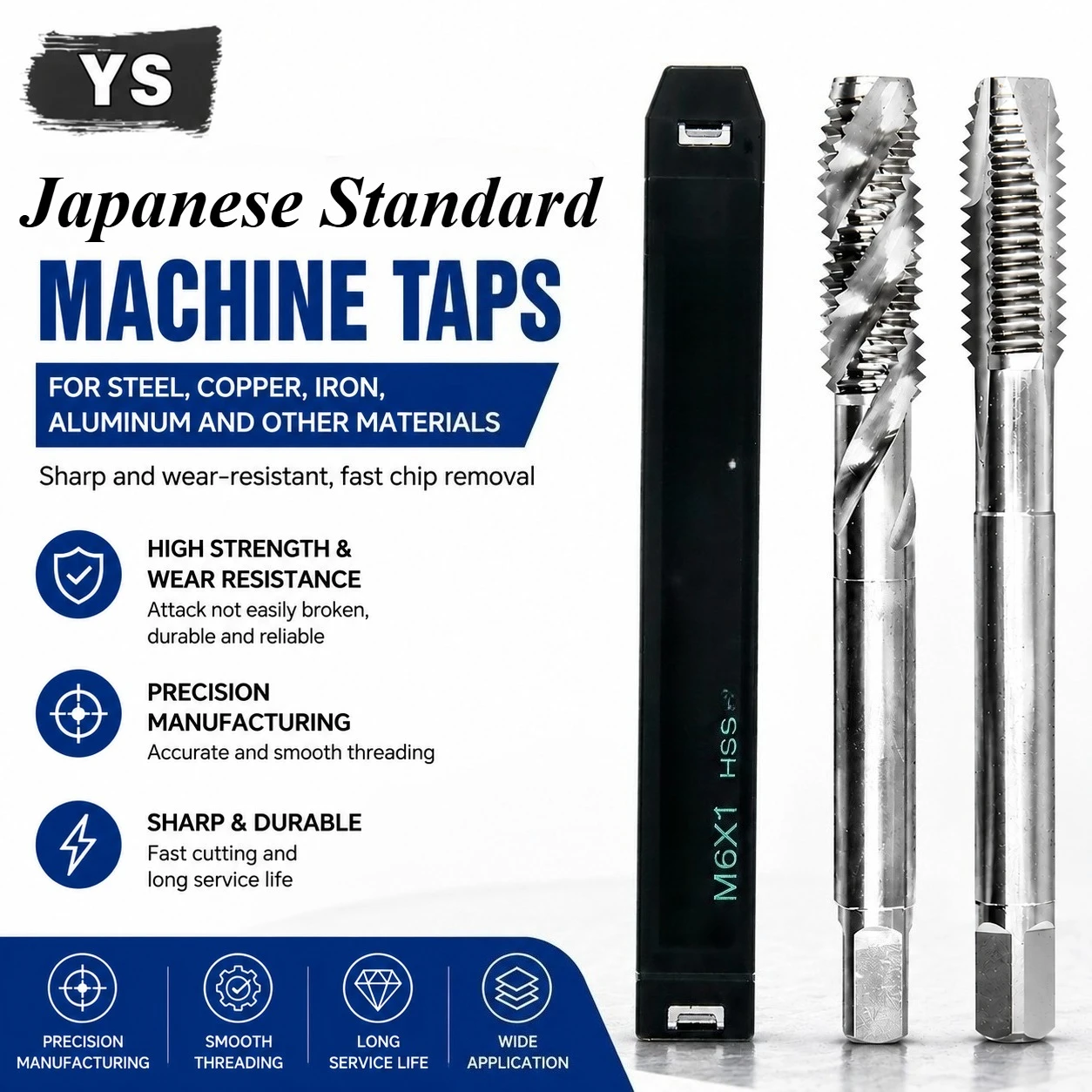 Japanese Standard High-Speed Steel Taps M1,M2, M3, M4, M6, M8, M10, M12 Taps for Copper and Aluminum (Helical and Tip-Grooved)
Japanese Standard High-Speed Steel Taps M1,M2, M3, M4, M6, M8, M10, M12 Taps for Copper and Aluminum (Helical and Tip-Grooved)