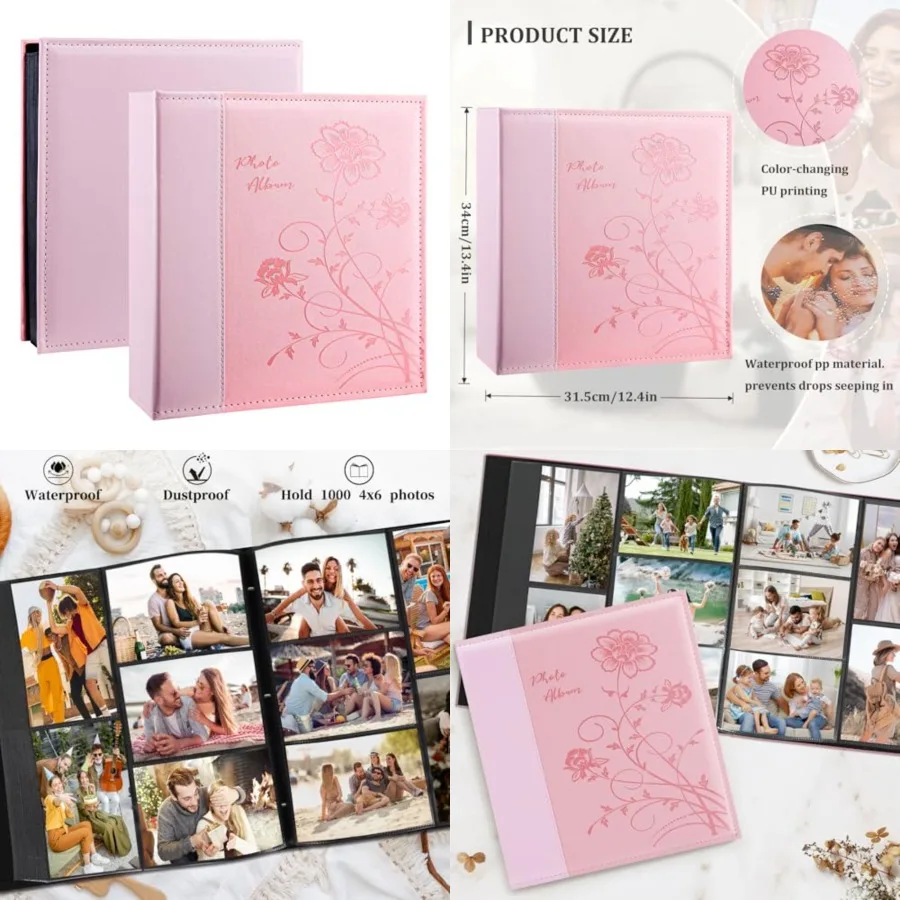 Photo Album 4x6 1000 Photos, Large Capacity Wedding Family Leather Cover Picture Albums Holds Horizontal and Vertical 4x6 photos with Black Pages(Pink)
Photo Album 4x6 1000 Photos, Large Capacity Wedding Family Leather Cover Picture Albums Holds Horizontal and Vertical 4x6 photos with Black Pages(Pink)