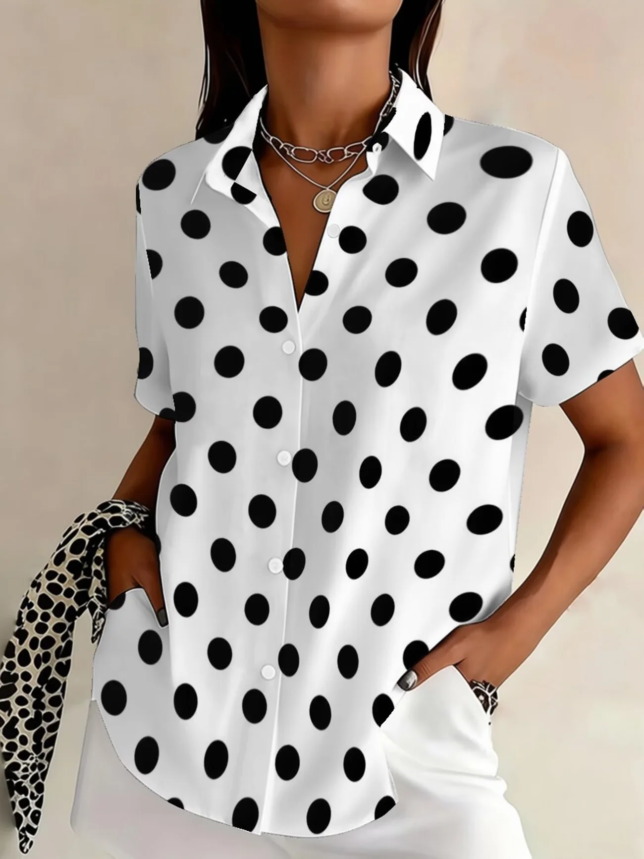 Elegant polka dot printed shirt for women, short sleeved top, summer casual loose Women shirt
Elegant polka dot printed shirt for women, short sleeved top, summer casual loose Women shirt