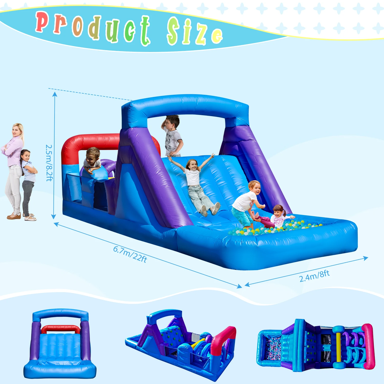 Inflatable Bounce House Colorful 22x8.2ft Inflatable Bounce House With 1100W Blower, Dual Crawl Tunnels, Large Slide, Climb
Inflatable Bounce House Colorful 22x8.2ft Inflatable Bounce House With 1100W Blower, Dual Crawl Tunnels, Large Slide, Climb