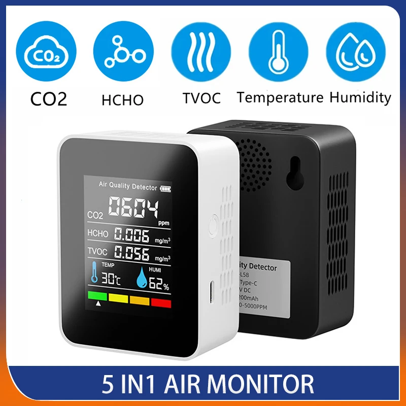 5 In1 Air Quality Monitor CO2 Meter Portable Carbon Dioxide Detector Temperature and Humidity TVOC HCHO CO2 Sensor Analyzer
5 In1 Air Quality Monitor CO2 Meter Portable Carbon Dioxide Detector Temperature and Humidity TVOC HCHO CO2 Sensor Analyzer
