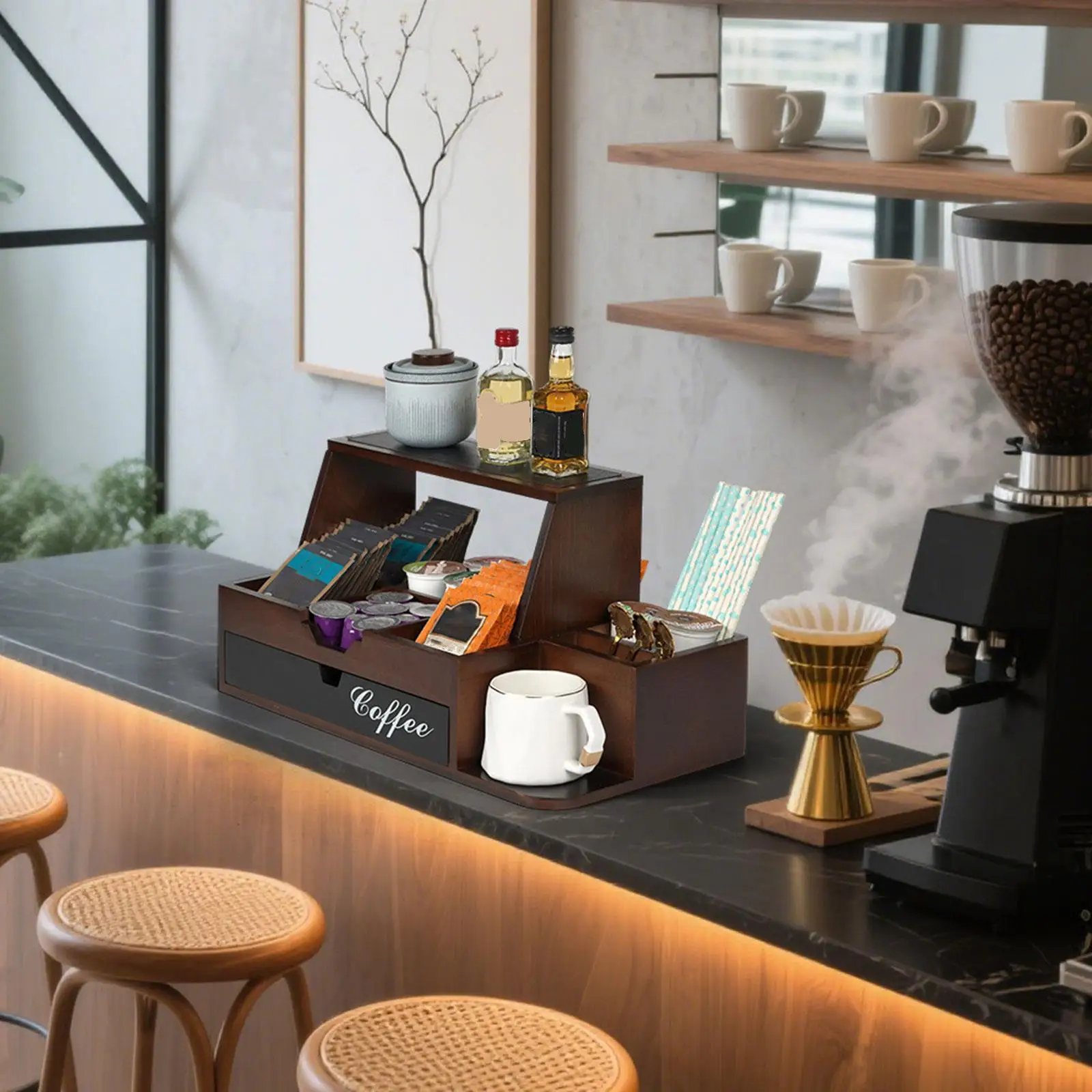 Coffee Station Organizer for Counter with Compartment Sturdy with Drawer Decoration Coffee Pod Holder for Cafe Kitchen Office
Coffee Station Organizer for Counter with Compartment Sturdy with Drawer Decoration Coffee Pod Holder for Cafe Kitchen Office
