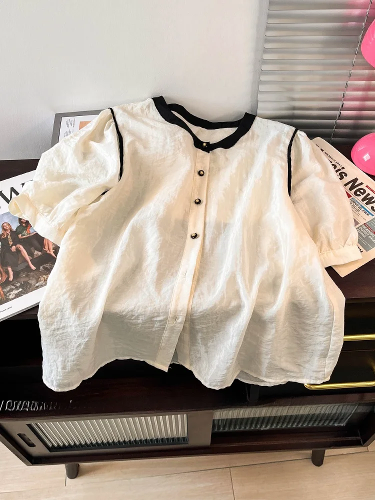 Linen Cotton Blend Short Sleeve Shirt Women's Summer Thin Design Loose Fit Contrast Color round Neck Button up Top
Linen Cotton Blend Short Sleeve Shirt Women's Summer Thin Design Loose Fit Contrast Color round Neck Button up Top