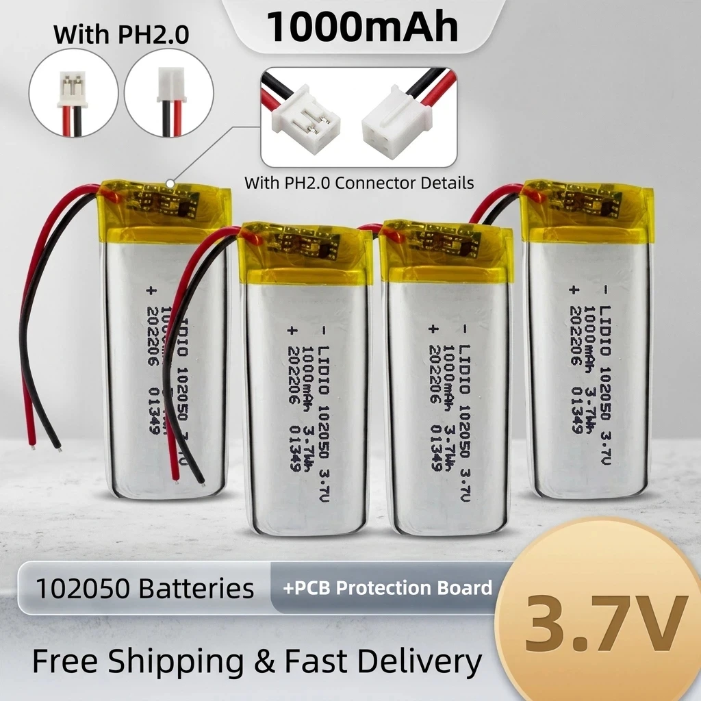 102050 3.7V 1000mAh Lithium Polymer Battery Real Capacity Lipo Rechargeable Cell with PCB for Beauty Instrument GPS LED Light
102050 3.7V 1000mAh Lithium Polymer Battery Real Capacity Lipo Rechargeable Cell with PCB for Beauty Instrument GPS LED Light