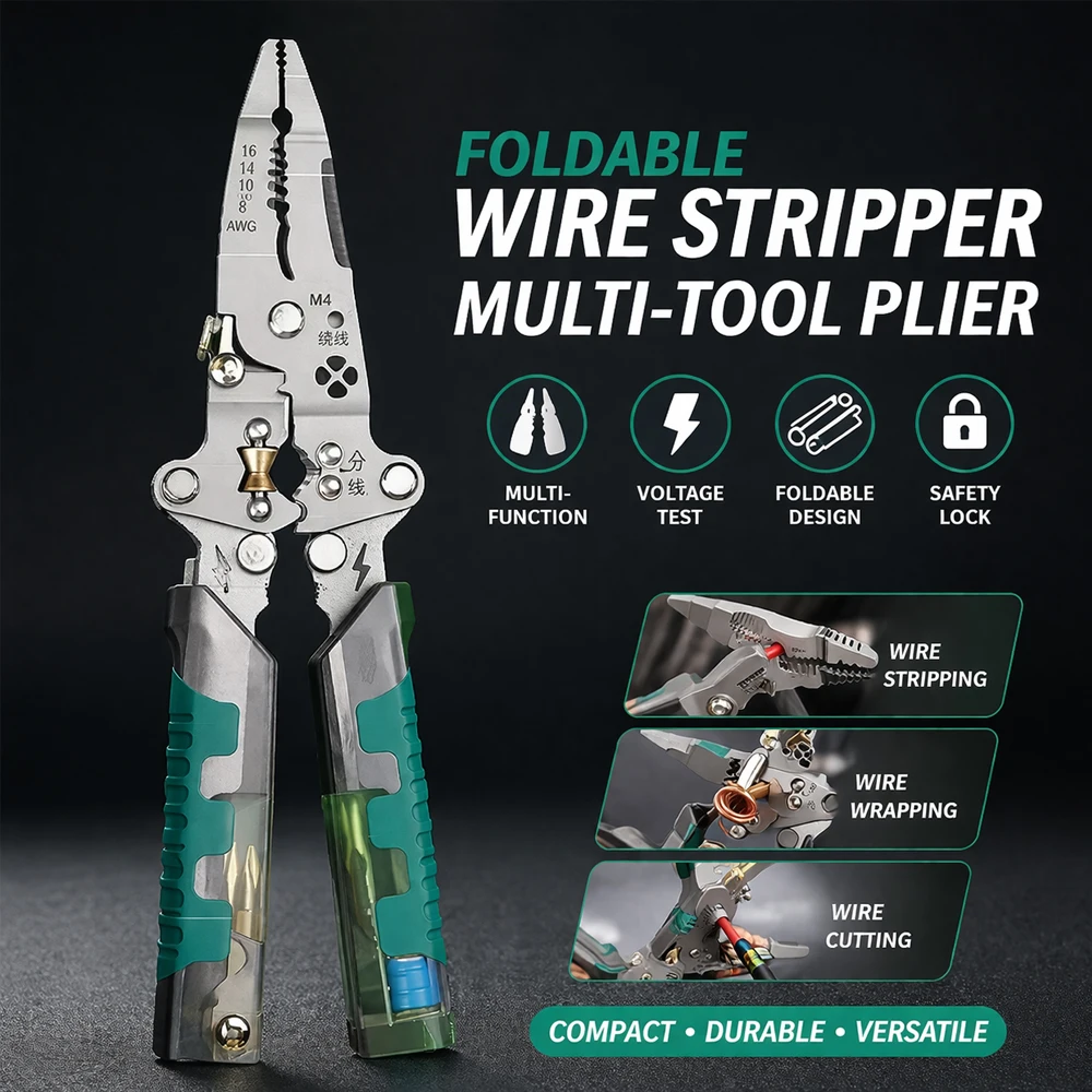 Folding Wire Stripper Pliers with Voltage Test, Wire Cutting and Crimping, Multifunctional Electrician Tool for Professionals
Folding Wire Stripper Pliers with Voltage Test, Wire Cutting and Crimping, Multifunctional Electrician Tool for Professionals