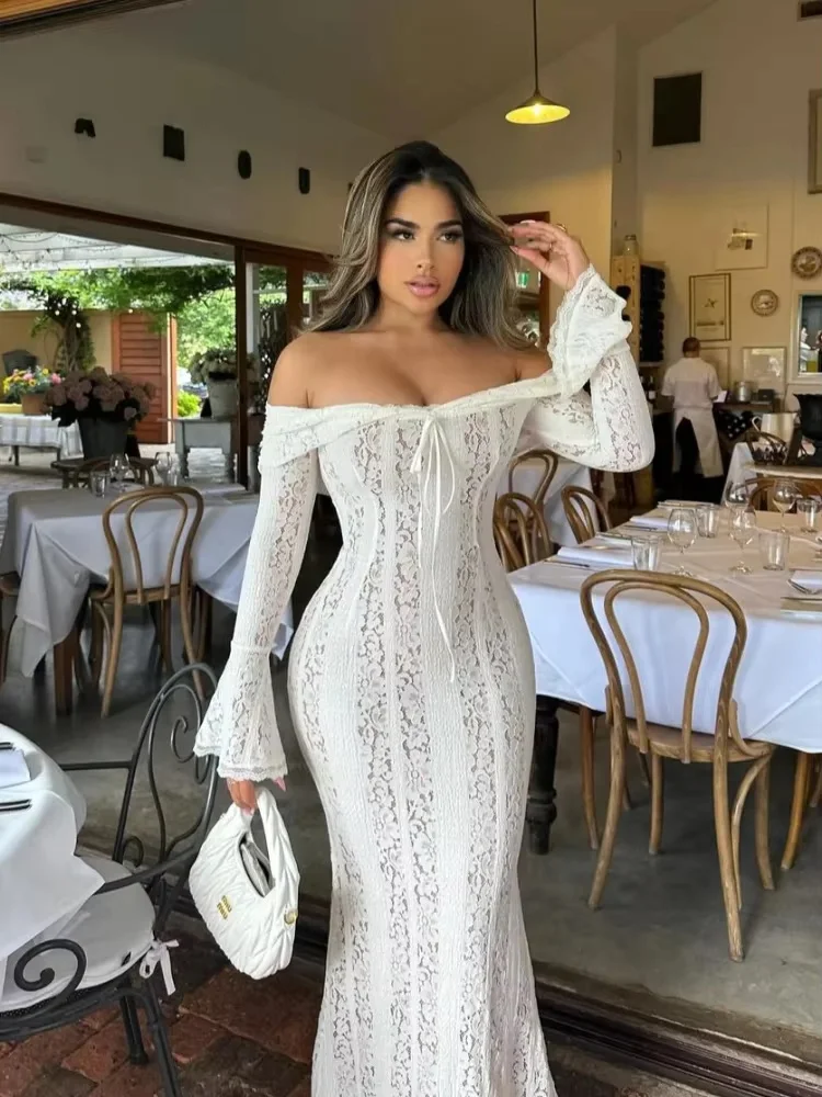Elegant Women Lace Slim Fit Dress Chic Long Flare Sleeve Off Shoulder Backless Lace Up Hollow Out Robe Summer Lady Evening Gown
Elegant Women Lace Slim Fit Dress Chic Long Flare Sleeve Off Shoulder Backless Lace Up Hollow Out Robe Summer Lady Evening Gown