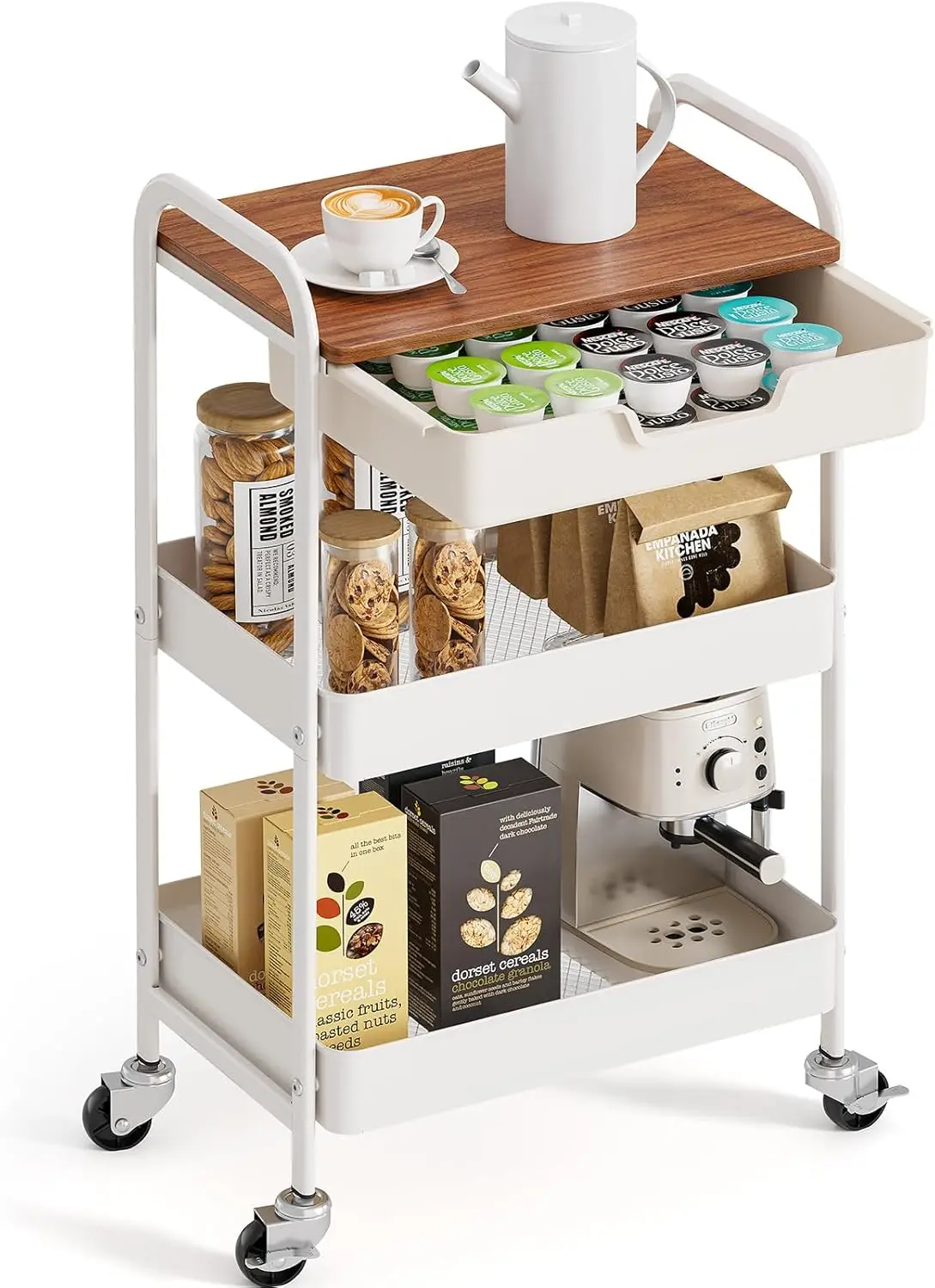 3-Tier Rolling Cart with Drawer & Wooden Top, White Storage Trolley for Kitchen, Office, Dorm
3-Tier Rolling Cart with Drawer & Wooden Top, White Storage Trolley for Kitchen, Office, Dorm