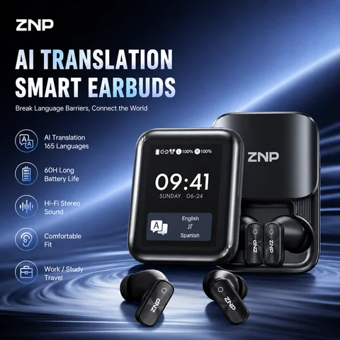 ZNP N07 AI翻訳イヤホン Bluetoothワイヤレスヘッドホン 165言語対応 タッチスクリーン 60時間バッテリー 旅行・ビジネス・学習用