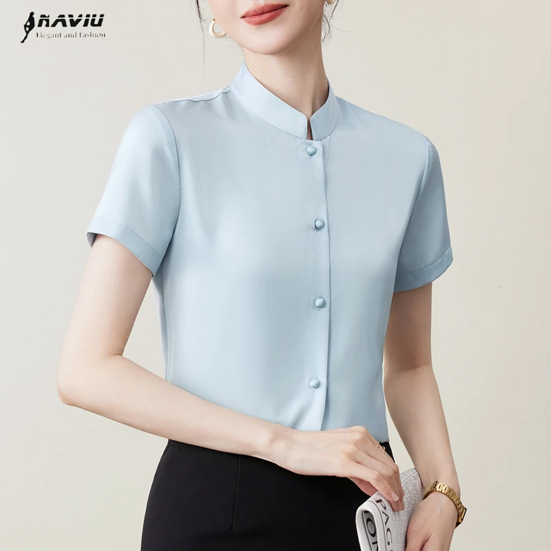 NAVIU Stand Collar Chiffon Solid Color Shirt Women Short Sleeve Elegant Single Breasted Blouse Office Ladies Formal Work Tops
NAVIU Stand Collar Chiffon Solid Color Shirt Women Short Sleeve Elegant Single Breasted Blouse Office Ladies Formal Work Tops