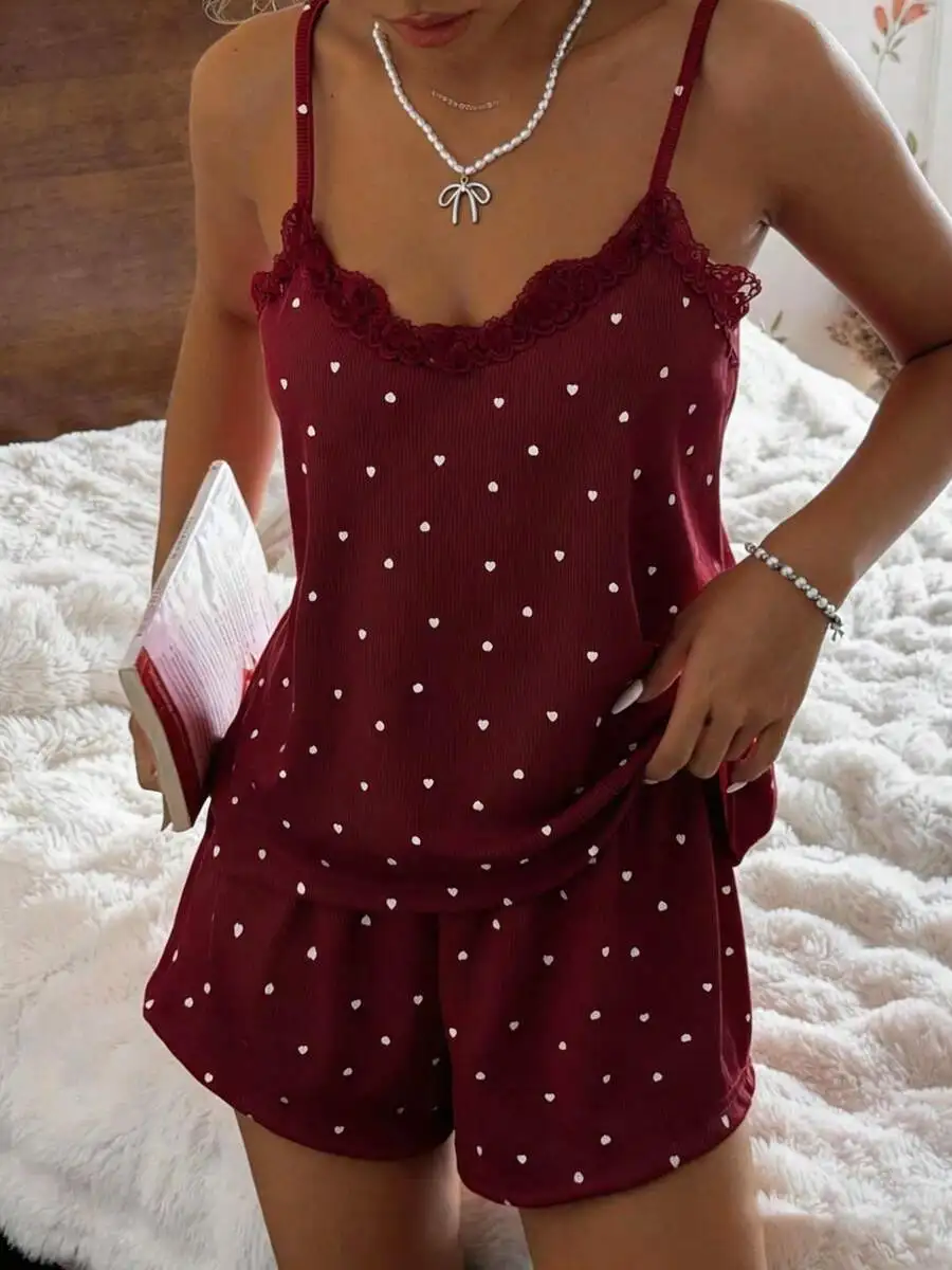 Womens Heart Print Lace Trim Ribbed Knit Cami Pajama Set With Shorts
Womens Heart Print Lace Trim Ribbed Knit Cami Pajama Set With Shorts