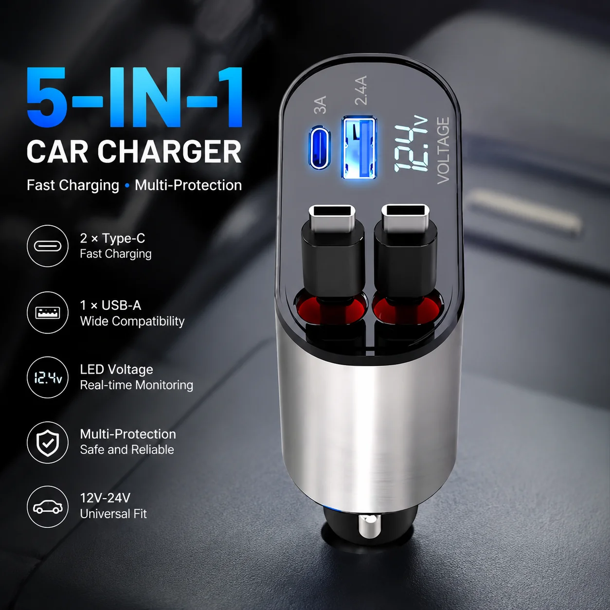 4 in 1 Car Power Adapter Auto Smoke Lighter with Retractable Cable 120W Multi Port Universal Charger for 12V/24V Vehicles Trucks
4 in 1 Car Power Adapter Auto Smoke Lighter with Retractable Cable 120W Multi Port Universal Charger for 12V/24V Vehicles Trucks