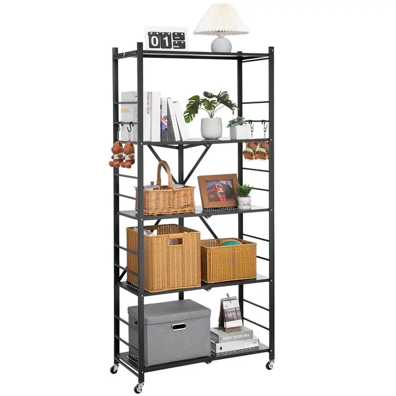 Collapsible Metal Rack 32x14x72 Inch For Pantry Kitchen Garage, 5-Tier Folding Design 5 Wheels 4 Hooks No Assembly Heavy Duty Carbon Steel Organizer Black
Collapsible Metal Rack 32x14x72 Inch For Pantry Kitchen Garage, 5-Tier Folding Design 5 Wheels 4 Hooks No Assembly Heavy Duty Carbon Steel Organizer Black