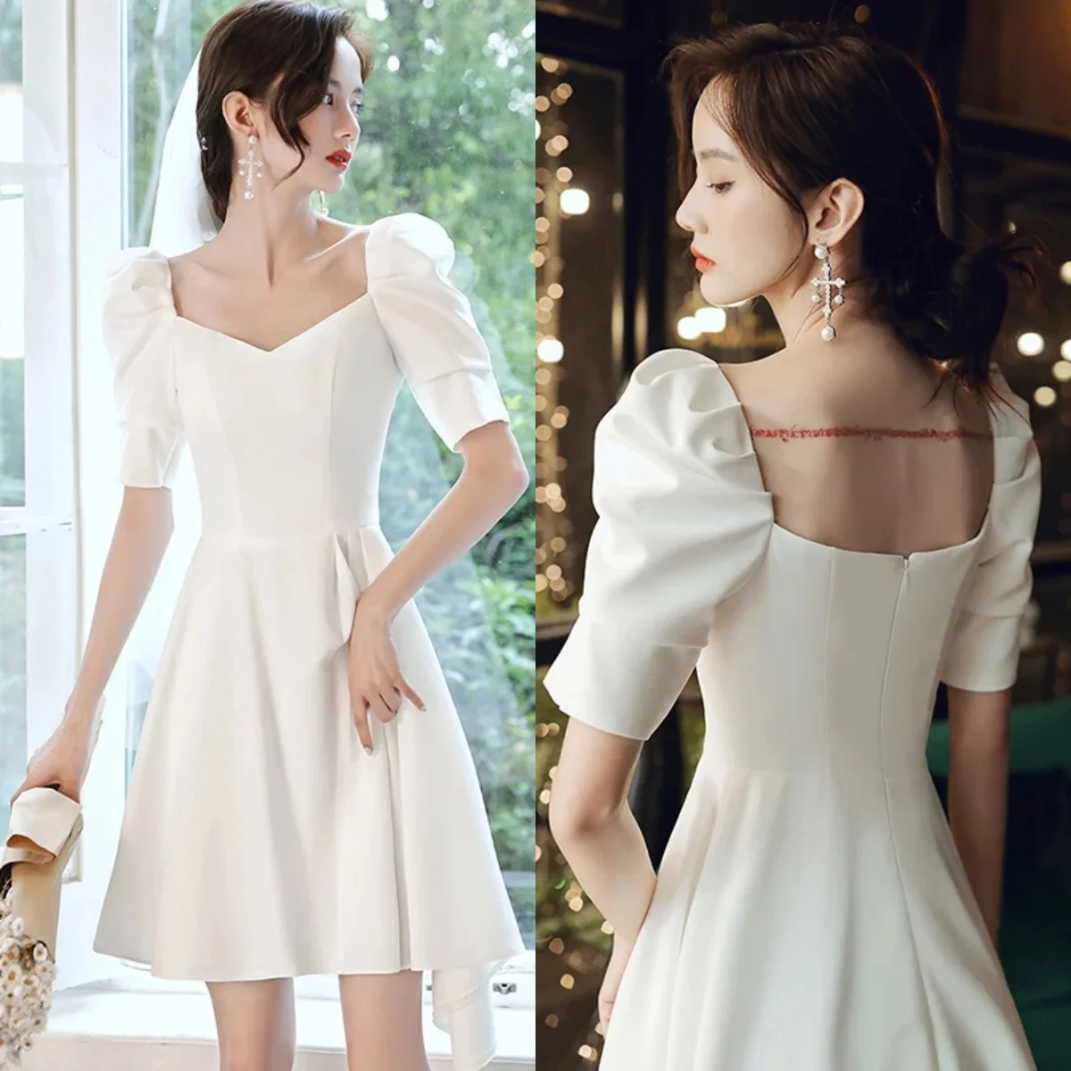 Prom Gowns Simple White Square Collar Puff Sleeves A-line Pleat Knee-length Zipper Back Plus size Women Formal Party Dress A084
Prom Gowns Simple White Square Collar Puff Sleeves A-line Pleat Knee-length Zipper Back Plus size Women Formal Party Dress A084