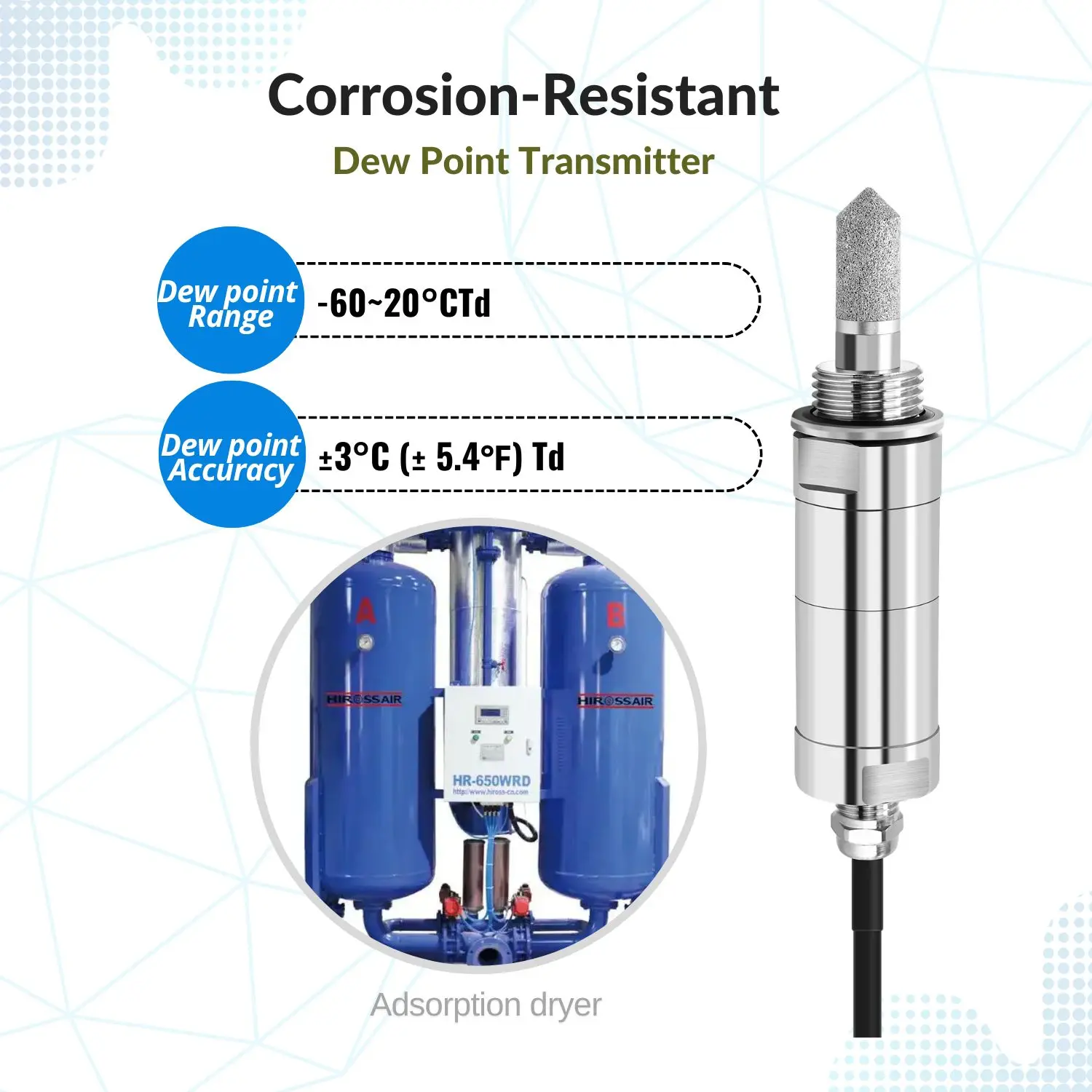HG602 G Resist Condensation Corrosion Resistant RS485 Dew Point Sensor Transmitter 4-20mA 0-5V 0-10V for Adsorption Dryer
HG602 G Resist Condensation Corrosion Resistant RS485 Dew Point Sensor Transmitter 4-20mA 0-5V 0-10V for Adsorption Dryer