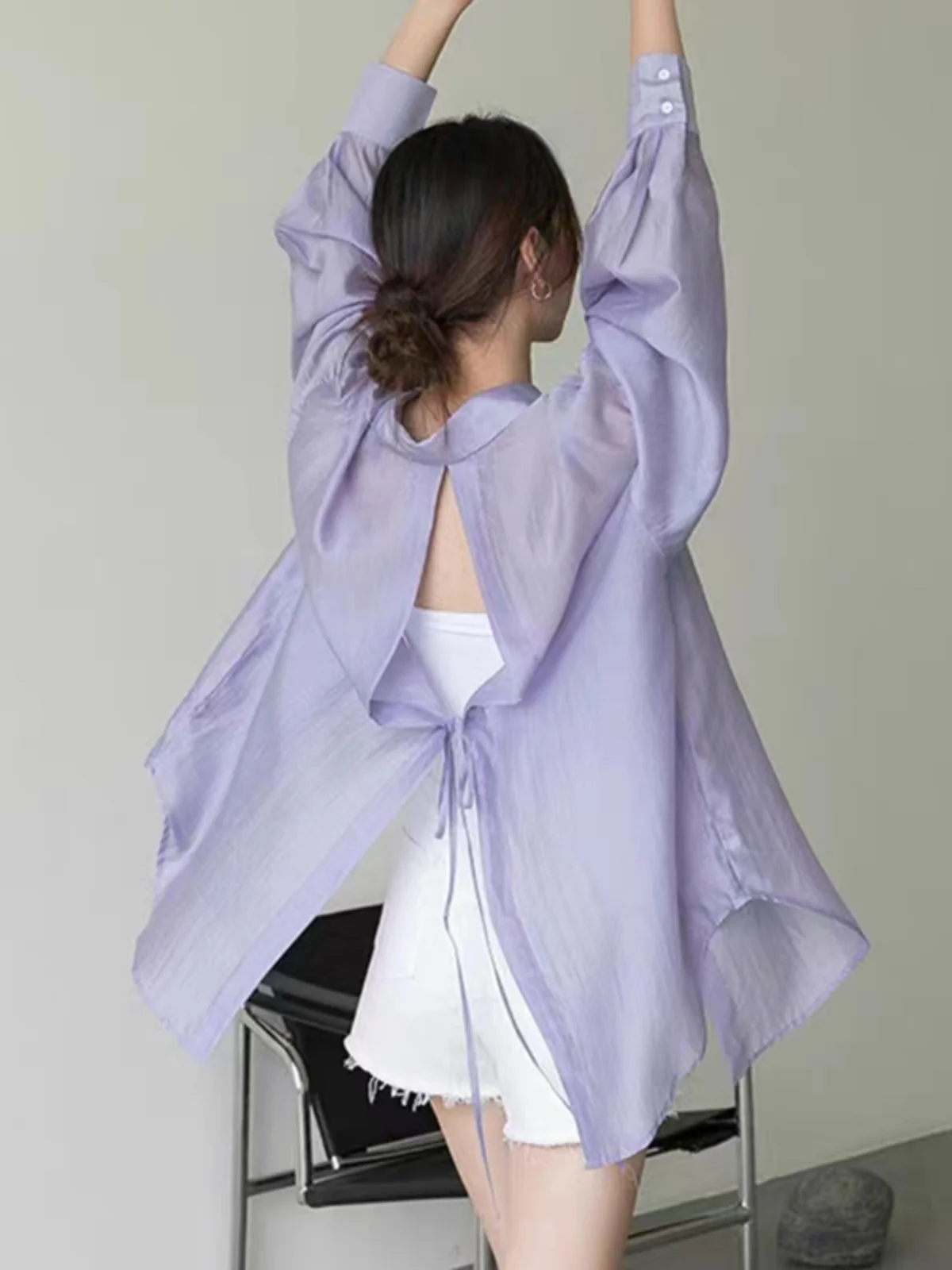 plus Size Women's Silk Sun Protection Shirt Backless Thin Design Spring Summer New Style Korean Version Long Sleeve Collar
plus Size Women's Silk Sun Protection Shirt Backless Thin Design Spring Summer New Style Korean Version Long Sleeve Collar