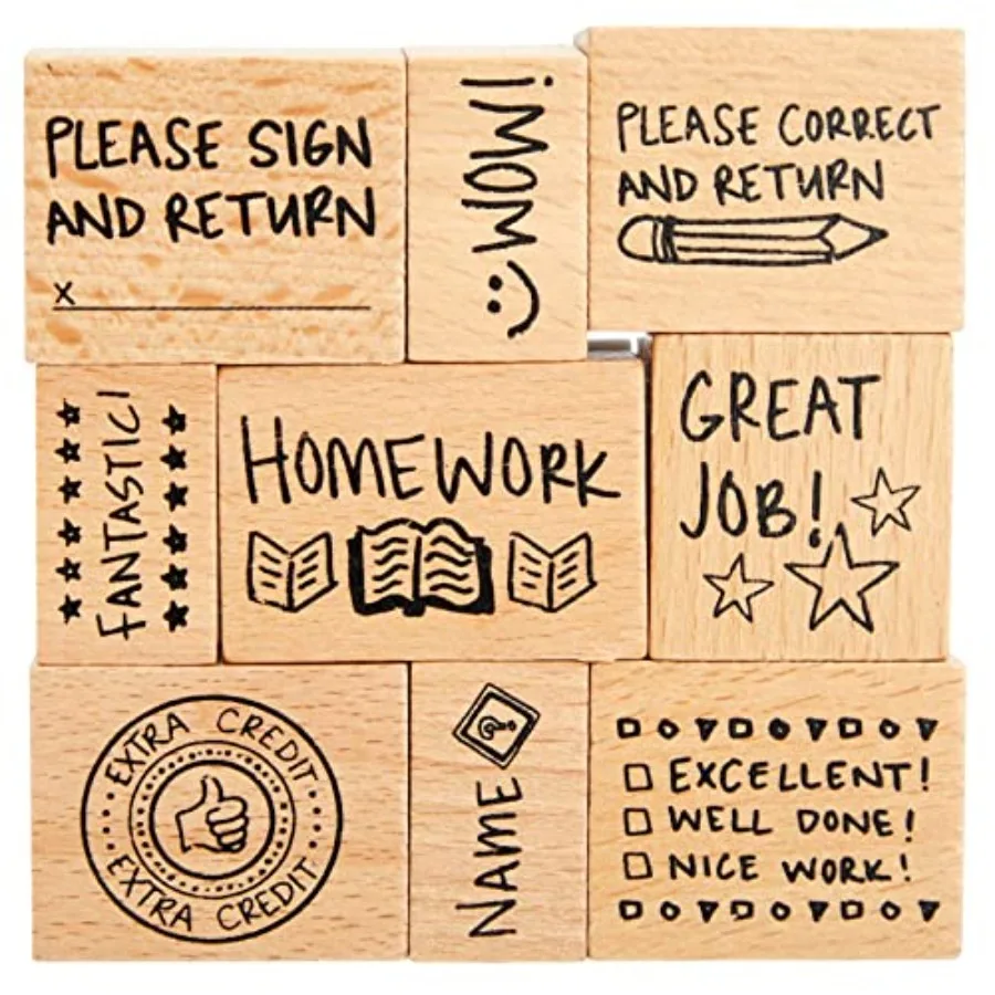 9 Piece Set of Wooden Rubber Teacher Stamps - Classroom Supplies for Grading Homework and Teacher Supplies Assorted Sizes Rubbe
9 Piece Set of Wooden Rubber Teacher Stamps - Classroom Supplies for Grading Homework and Teacher Supplies Assorted Sizes Rubbe
