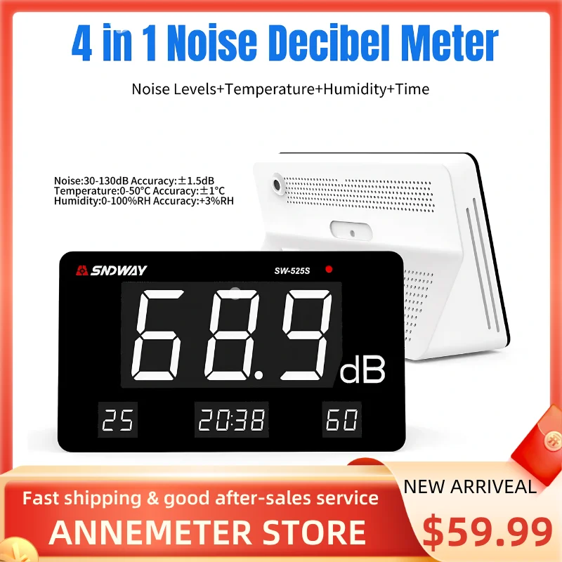 4-in-1 Digital Sound Level Meter-Measures Decibels (30-130 dB), Temperature & Humidity - Audio Measuring & Noise Meter
4-in-1 Digital Sound Level Meter-Measures Decibels (30-130 dB), Temperature & Humidity - Audio Measuring & Noise Meter