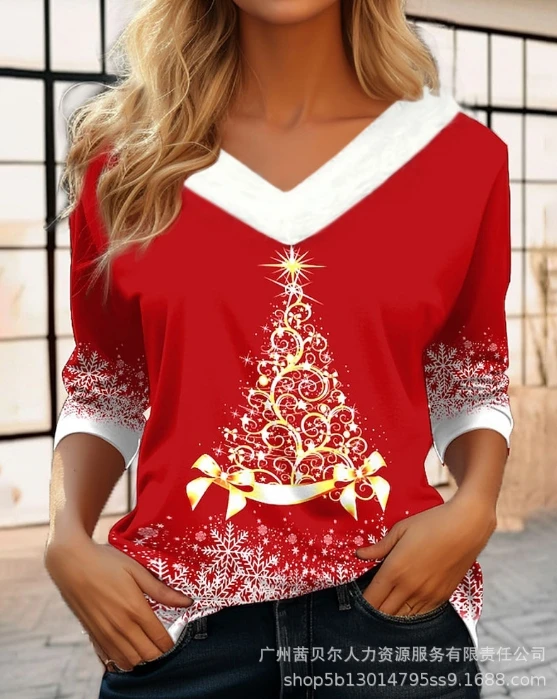 Elegant Women's Casual Long Sleeved Autumn New V-Neck Christmas Tree Snowflake Print Holiday Party Long Sleeved Women's T-shirt
Elegant Women's Casual Long Sleeved Autumn New V-Neck Christmas Tree Snowflake Print Holiday Party Long Sleeved Women's T-shirt
