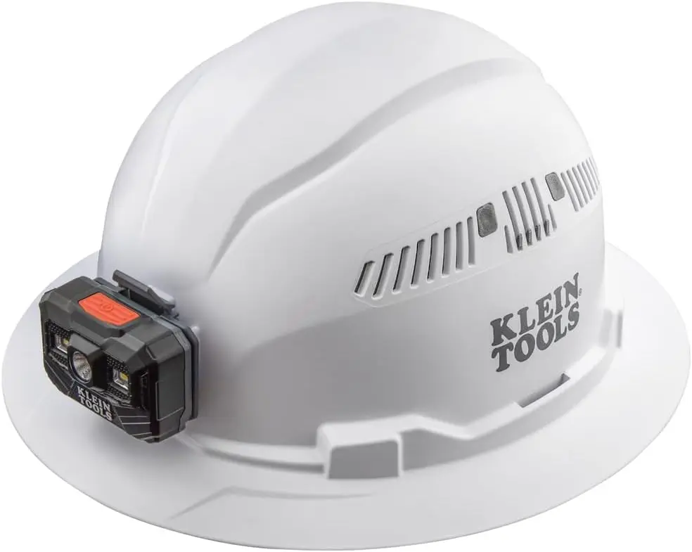 Full Brim Hard Hat with Rechargeable Headlamp, Vented, Padded Sweatband, White
Full Brim Hard Hat with Rechargeable Headlamp, Vented, Padded Sweatband, White