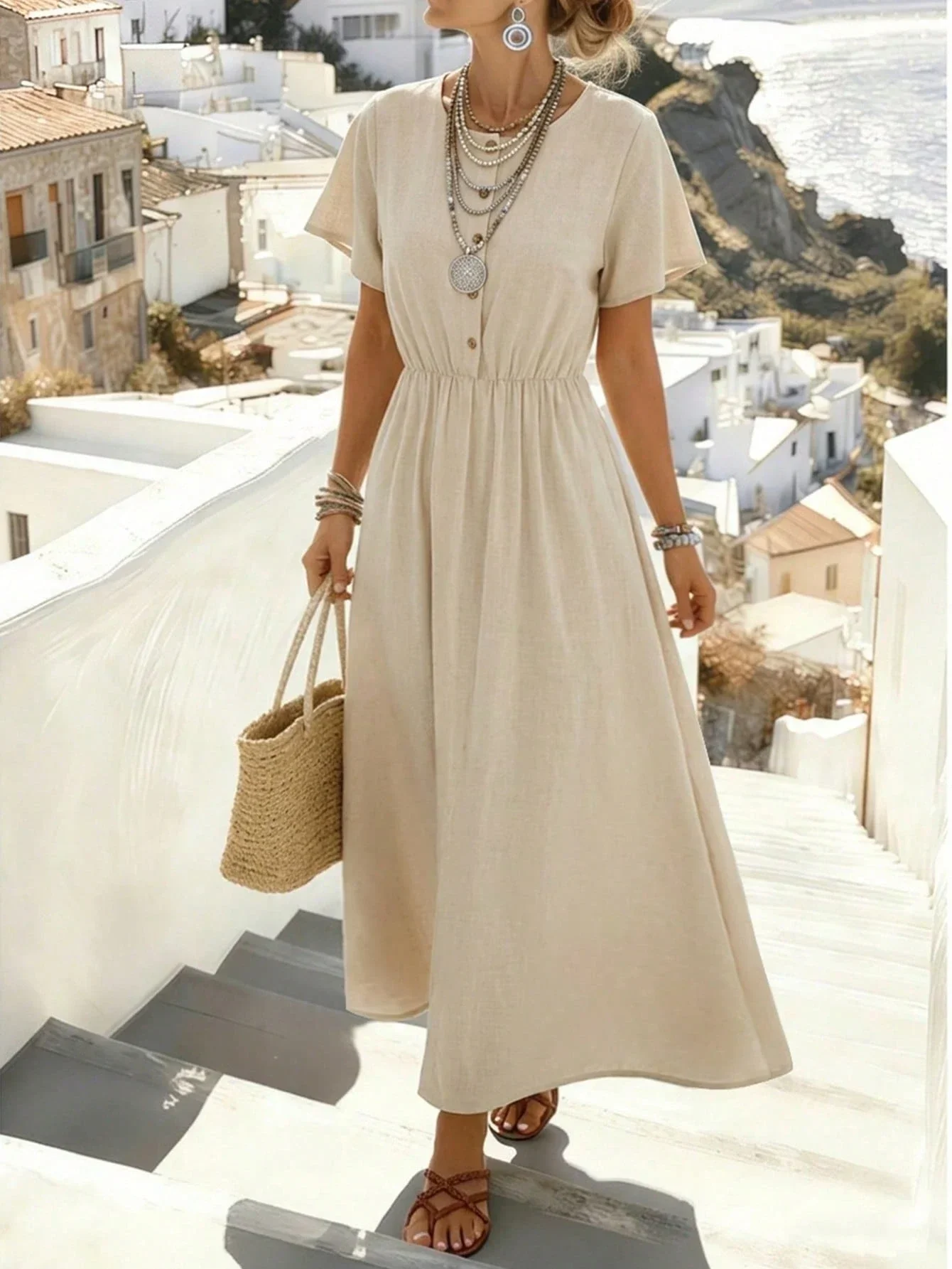Cream Short Sleeve Midi Dress With Black Trim, V-Neck Twist Front For Summer Vacation
Cream Short Sleeve Midi Dress With Black Trim, V-Neck Twist Front For Summer Vacation