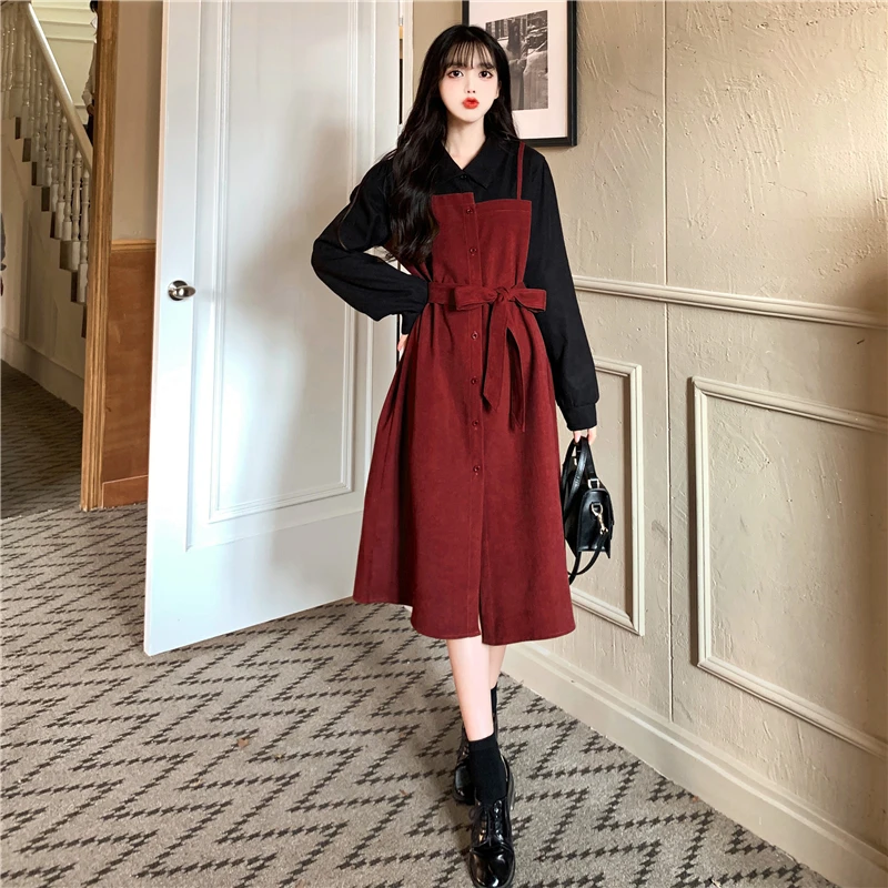 Women Splicing Color Long Sleeve Dress With Belt French Retro Fake Two piece Dress Autumn Winter Artistic High-end Long Dresses
Women Splicing Color Long Sleeve Dress With Belt French Retro Fake Two piece Dress Autumn Winter Artistic High-end Long Dresses