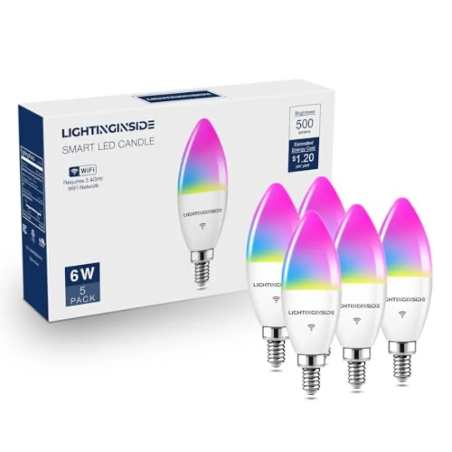 E12 Smart Light Bulbs 60W Equiv., 500LM 6W RGBCW Candelabra Chandelier Candle Bulb Works with Alexa/Google Home/Smart Life, 2.4
E12 Smart Light Bulbs 60W Equiv., 500LM 6W RGBCW Candelabra Chandelier Candle Bulb Works with Alexa/Google Home/Smart Life, 2.4