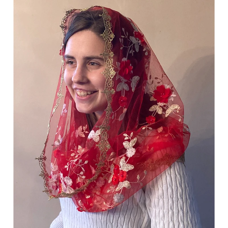 3D Flowers Infinity Mantilla For Church Chapel Headcovering Red Blue Lilac Beaded Gold Edge Embroidered Lace Women With Clip
3D Flowers Infinity Mantilla For Church Chapel Headcovering Red Blue Lilac Beaded Gold Edge Embroidered Lace Women With Clip