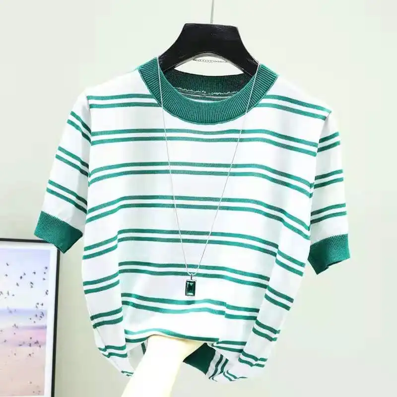 Summer Slim Striped Knit Sweater Tees Women Beading Short Sleeve Round Neck Tops Knitwear Vintage Stylish Chic Ladies Jumpe
Summer Slim Striped Knit Sweater Tees Women Beading Short Sleeve Round Neck Tops Knitwear Vintage Stylish Chic Ladies Jumpe
