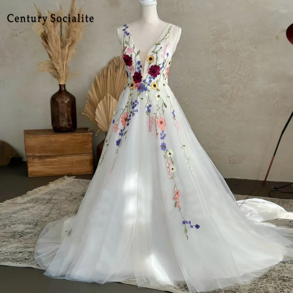 Colorful Embroidered Lace Boho Wedding Dresses 2025 V Neck Backless A Line Floral Bridal Gowns for Women Customized
Colorful Embroidered Lace Boho Wedding Dresses 2025 V Neck Backless A Line Floral Bridal Gowns for Women Customized