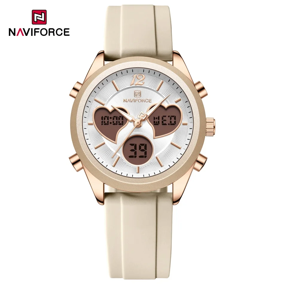 Новые водонепроницаемые элегантные женские наручные часы NAVIFORCE с двойным дисплеем, модные простые часы с силиконовым ремешком, браслет
Новые водонепроницаемые элегантные женские наручные часы NAVIFORCE с двойным дисплеем, модные простые часы с силиконовым ремешком, браслет