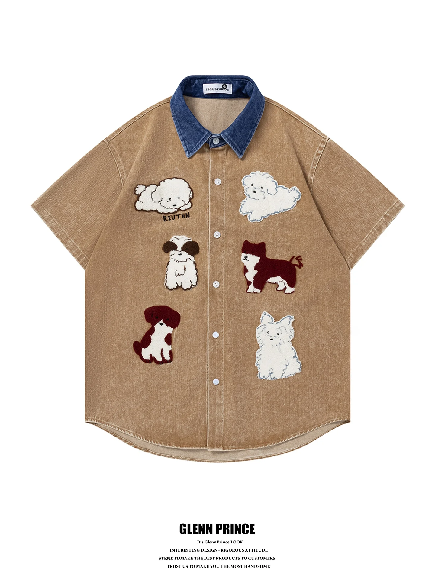 GPstudio American Retro Dog Towel Embroidery Washed Color Collision Design Men's Short Sleeve Cotton Polyester Denim Shirt
GPstudio American Retro Dog Towel Embroidery Washed Color Collision Design Men's Short Sleeve Cotton Polyester Denim Shirt