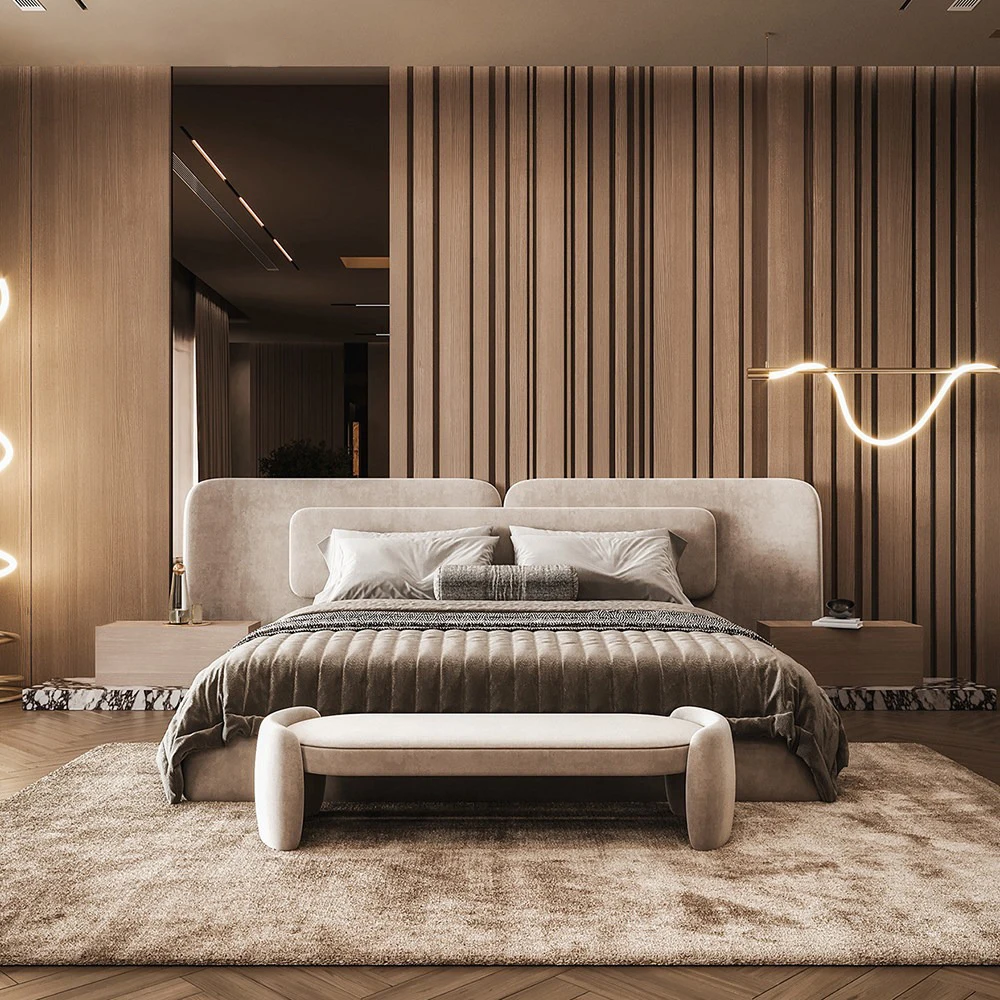 #Modern Curved Upholstered Bed King Queen Size Round Corner Velvet Headboard with Bench Bedroom Set Cream Style OEM ODM
#Modern Curved Upholstered Bed King Queen Size Round Corner Velvet Headboard with Bench Bedroom Set Cream Style OEM ODM