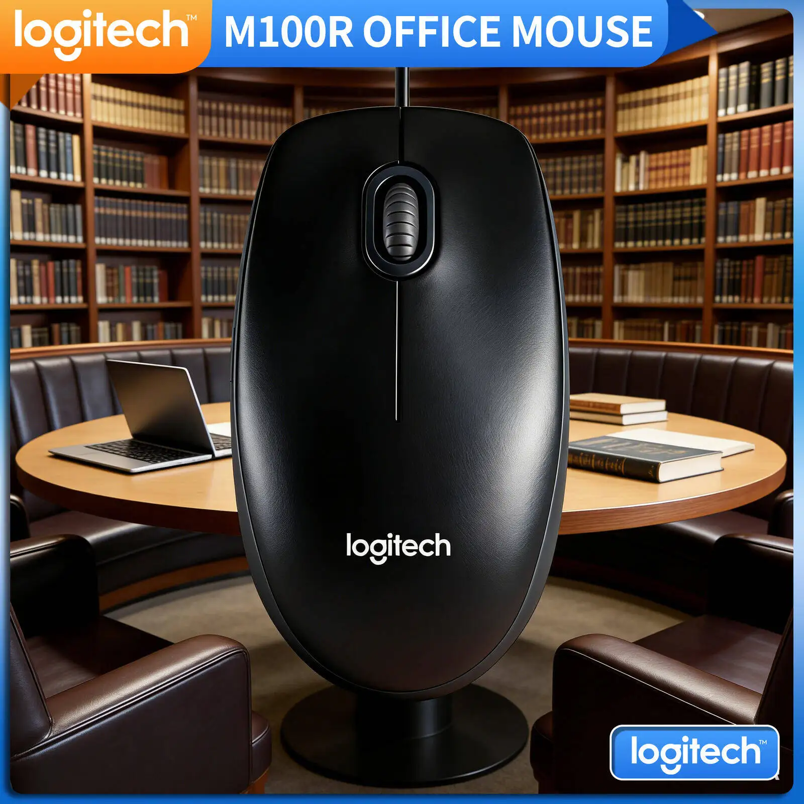 Logitech M100R USB Wired Mouse 1000DPI Optical Tracking Ergonomic Shape Ambidextrous for PC Laptop Mac Linux Office Home