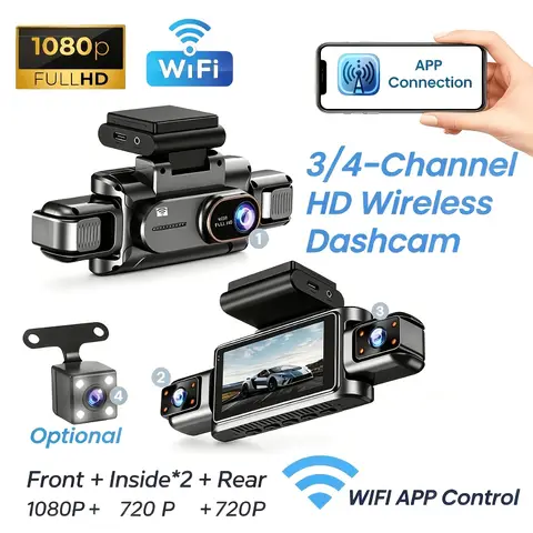 3-4 Channel WiFi Dash Cam, 1080P Full HD, APP WiFi Control, 3.5" Screen, HD Night Vision, 24H Parking Surveillance