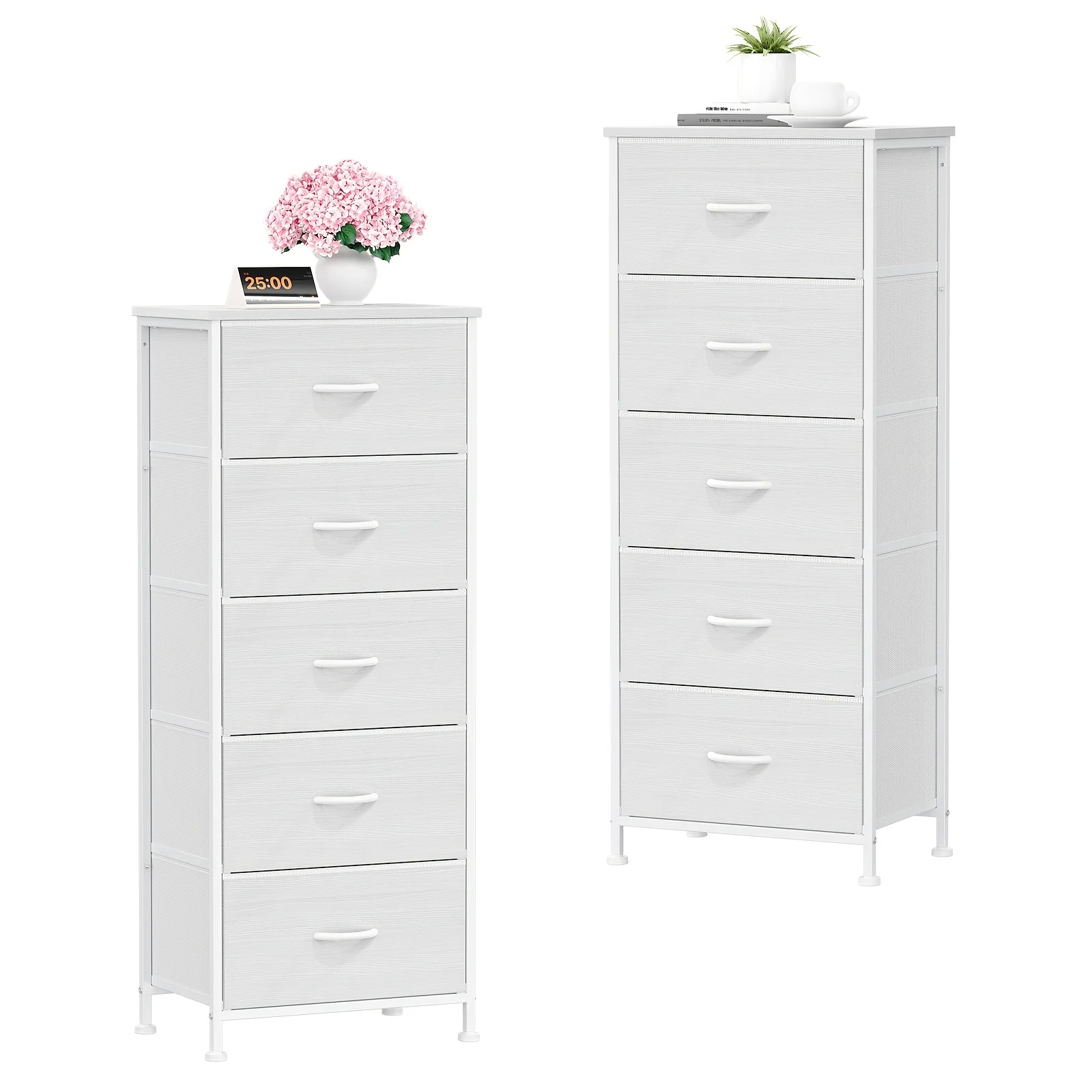 A White Tall Dresser Designed for The Bedroom, Featuring a Vertical Storage Tower And an End Table Equipped with Five Fabric Drawers, Suitable for Use As a Nightstand in The Living Room, Closet, Entryway, Or Hallway
A White Tall Dresser Designed for The Bedroom, Featuring a Vertical Storage Tower And an End Table Equipped with Five Fabric Drawers, Suitable for Use As a Nightstand in The Living Room, Closet, Entryway, Or Hallway