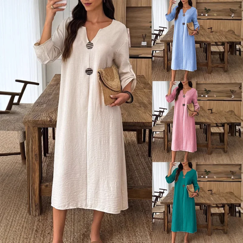 New Women's Casual V-neck Long-sleeved Cotton Linen Solid Color Women's Dress Long Skirt
New Women's Casual V-neck Long-sleeved Cotton Linen Solid Color Women's Dress Long Skirt
