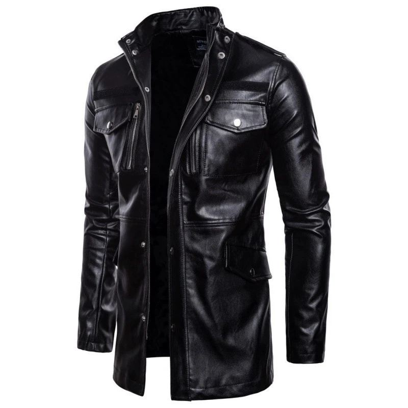 Autumn and winter new solid color medium long men's leather jacket stand collar four pocket motorcycle leather jacket coat jacke
Autumn and winter new solid color medium long men's leather jacket stand collar four pocket motorcycle leather jacket coat jacke