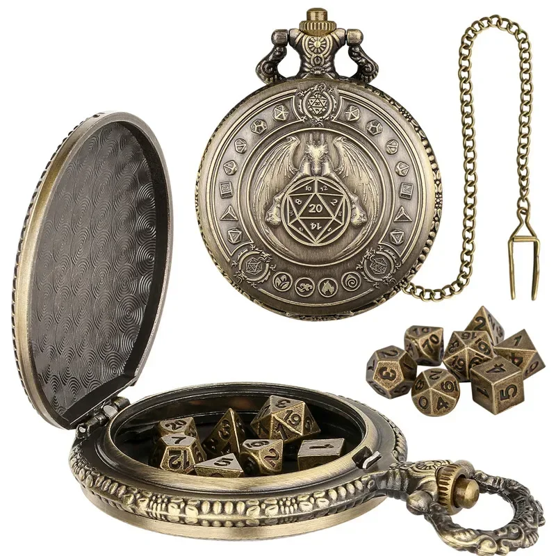 Bronze 7pcs Tiny Polyhedral Metal Dice Set Engraved Dragon Wings Pocket Watch Case with FOB Chain Entertainment Dices
Bronze 7pcs Tiny Polyhedral Metal Dice Set Engraved Dragon Wings Pocket Watch Case with FOB Chain Entertainment Dices