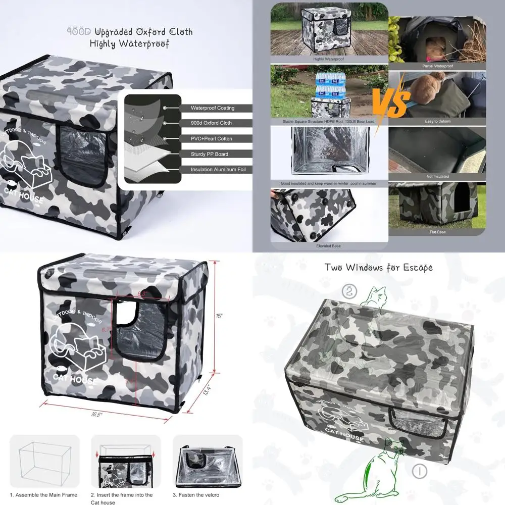 Camouflage Outdoor Cat Shelter: Insulated, Waterproof, Dual-Exit Door for Feral Cats
Camouflage Outdoor Cat Shelter: Insulated, Waterproof, Dual-Exit Door for Feral Cats