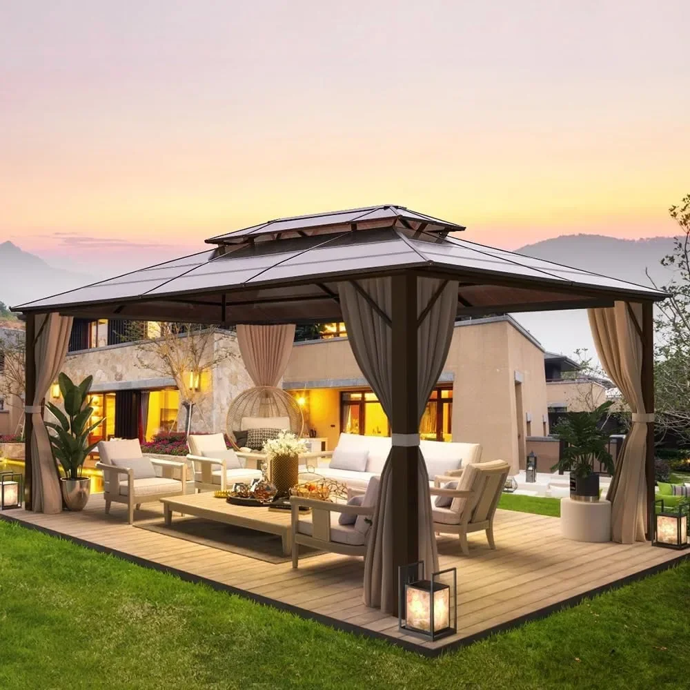10'x13' Hardtop Gazebo, Outdoor Polycarbonate Double Roof Canopy, Aluminum Frame Permanent Pavilion with Curtains and Netting
10'x13' Hardtop Gazebo, Outdoor Polycarbonate Double Roof Canopy, Aluminum Frame Permanent Pavilion with Curtains and Netting